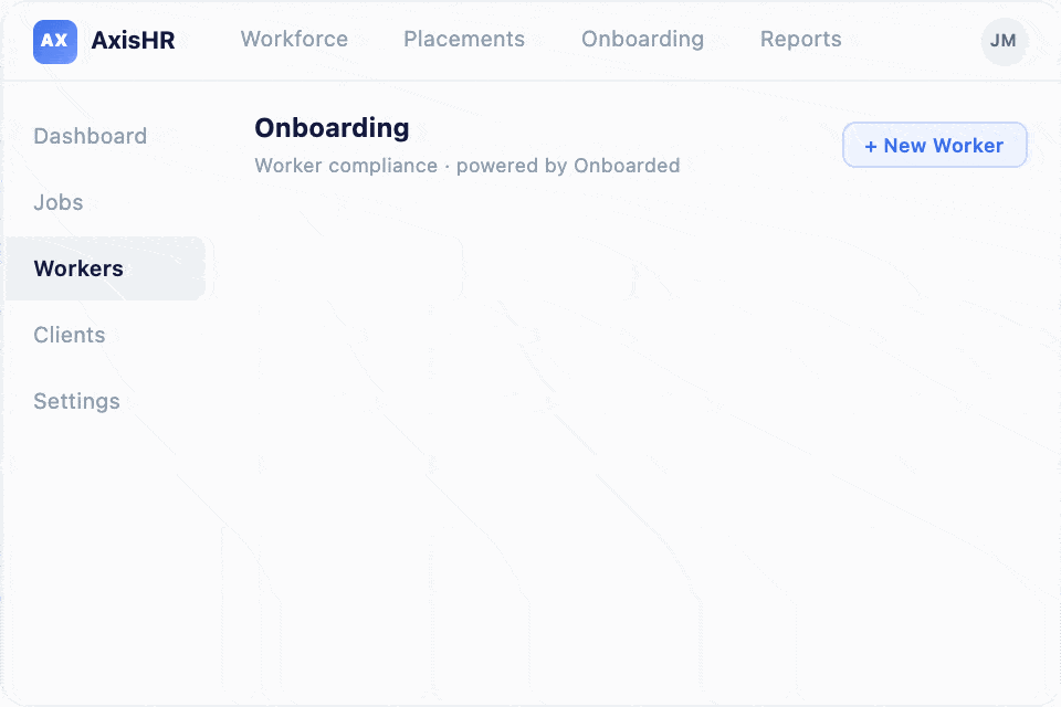 AxisHR onboarding dashboard showing worker Marcus Williams with completed I-9 Verification, Background Check, and E-Verify compliance tasks.