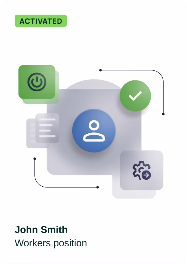 Illustration of a man in business attire walking while holding a laptop, labeled 'ACTIVATED' with the name John Smith and worker's position.