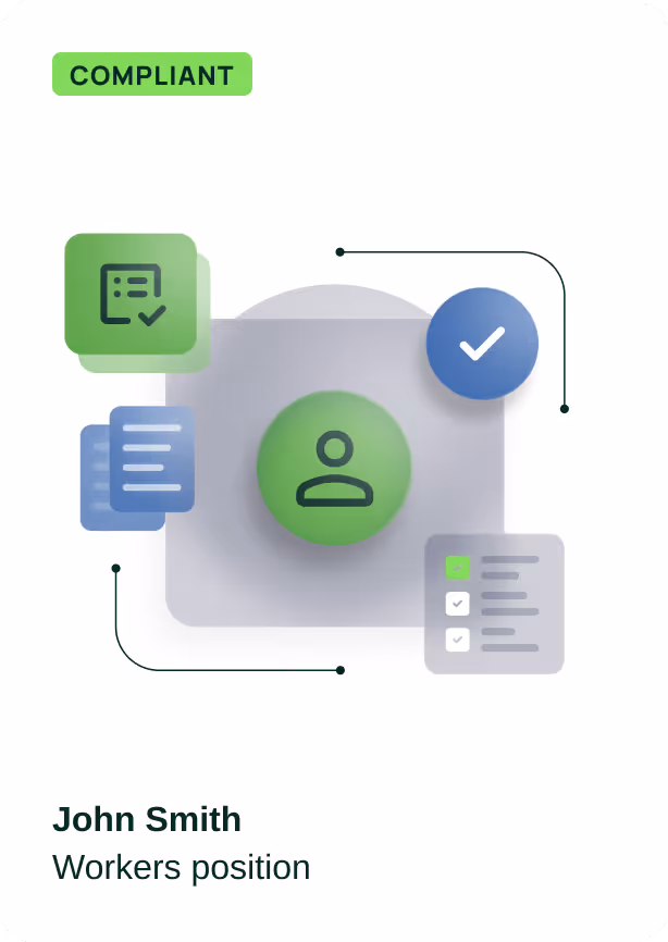 Illustration of a man with a beard sitting on a green block using a laptop, next to a checklist with check marks and a green label reading Compliant.