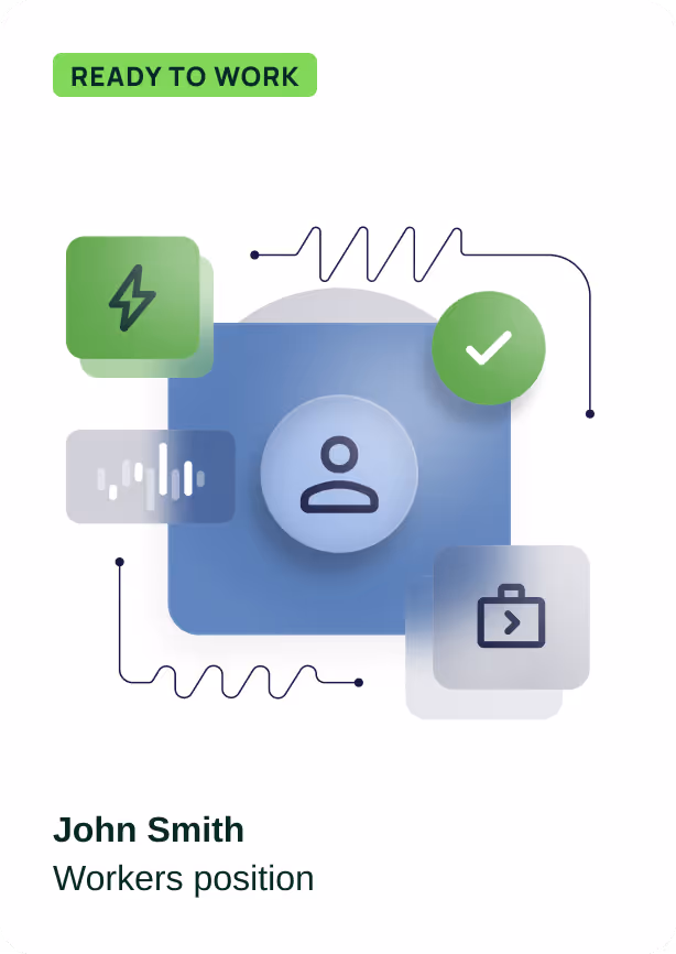 Illustration of a man in business attire with a green cape standing confidently under a label reading 'READY TO WORK'.