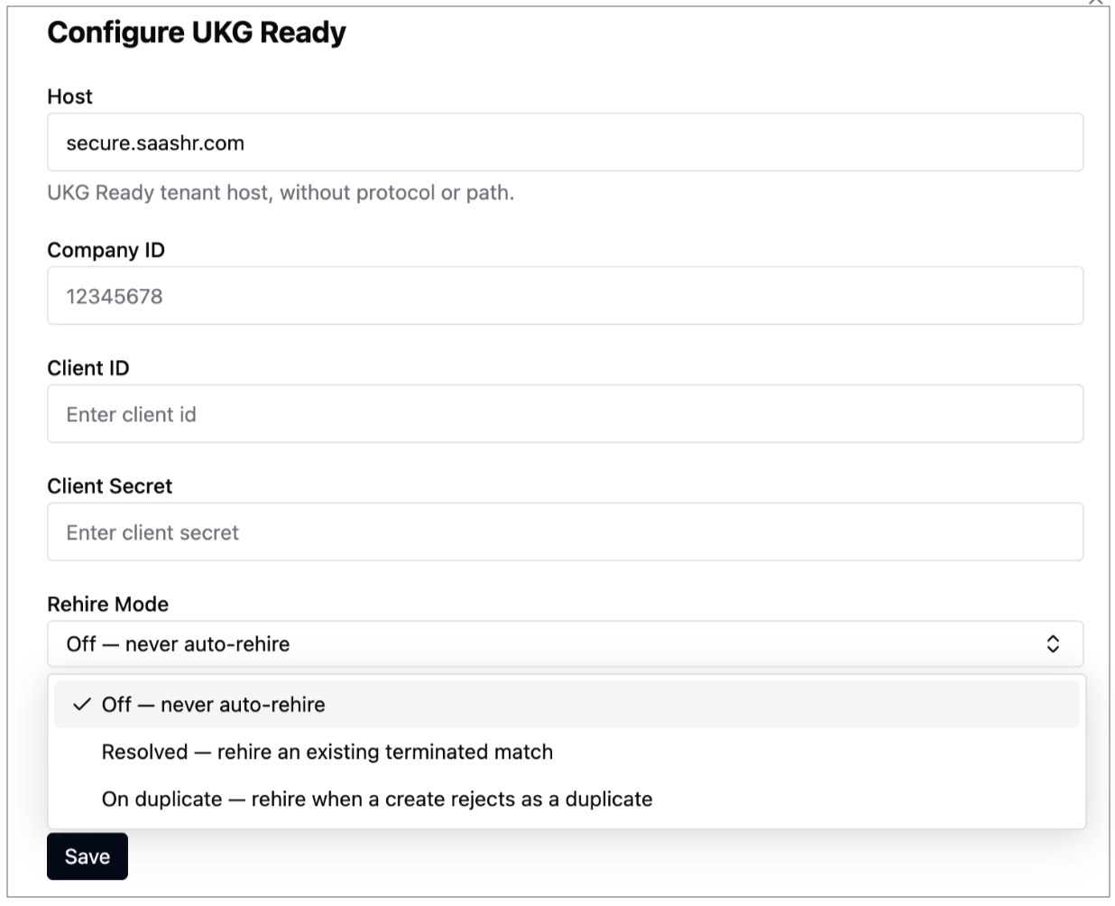 UKG Ready Integration Configure Screen