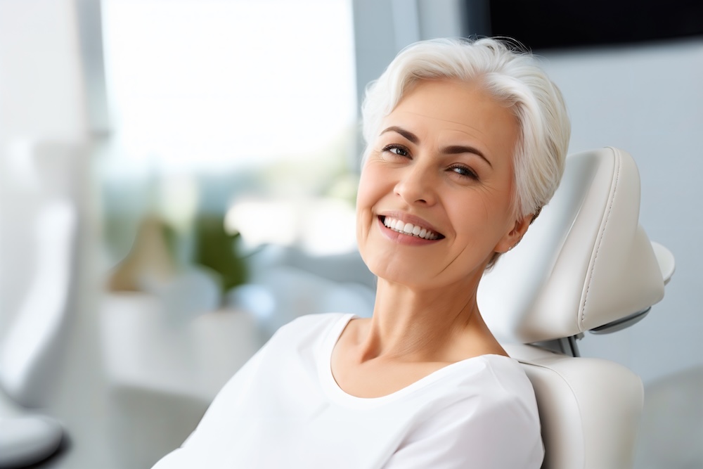 A woman smiling while sitting in a dentists chair.