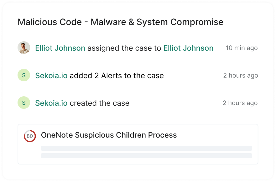 Case activity for malware titled Malicious Code with alerts and assignment details shown.