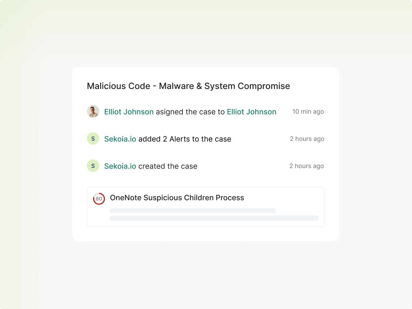 Case update on malicious code with alerts and process warning from OneNote suspicious children process