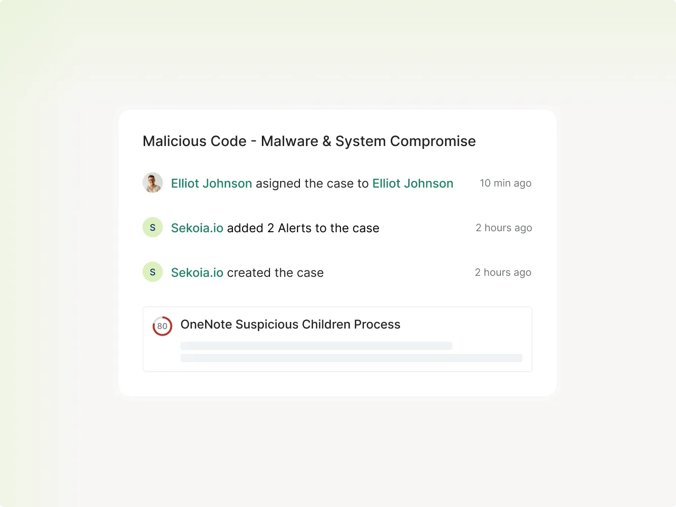 Case update on malicious code with alerts and process warning from OneNote suspicious children process