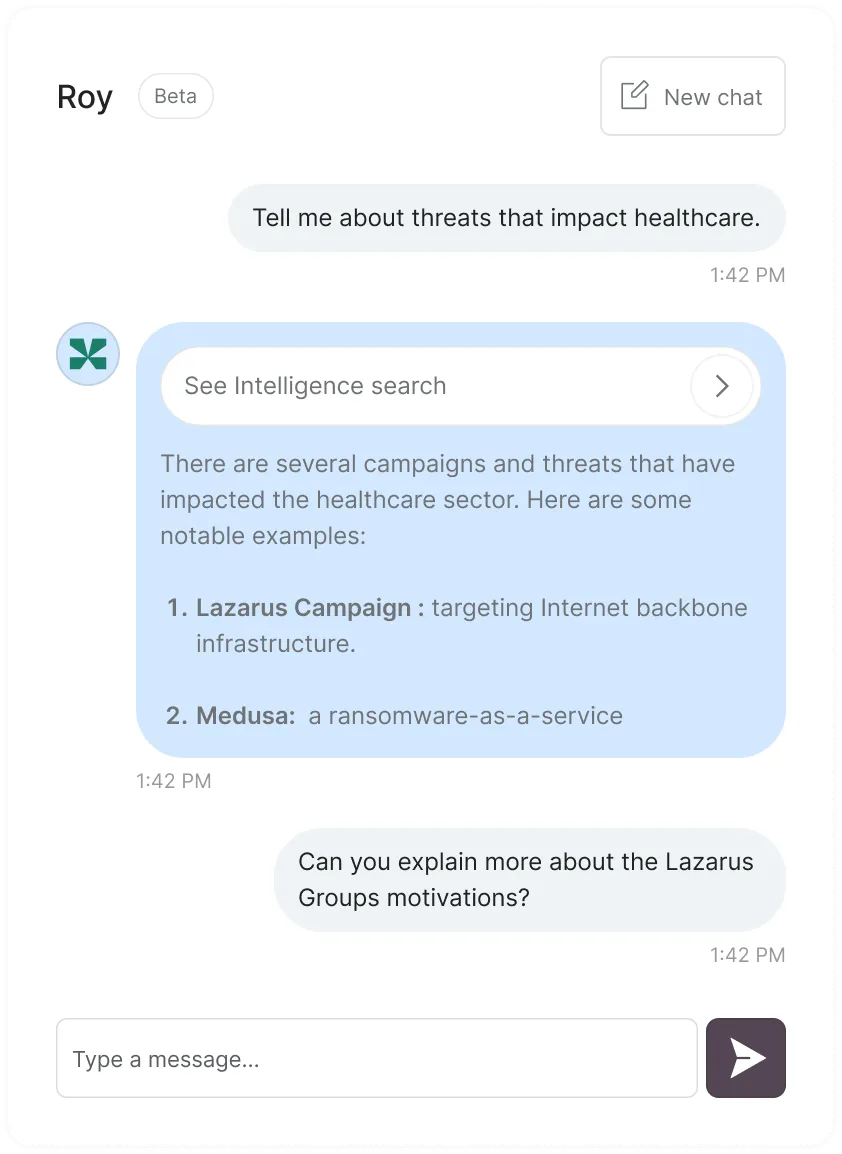 Sekoia platform – Roy AI assistant answering a query about healthcare threats, showing Lazarus and Medusa campaigns