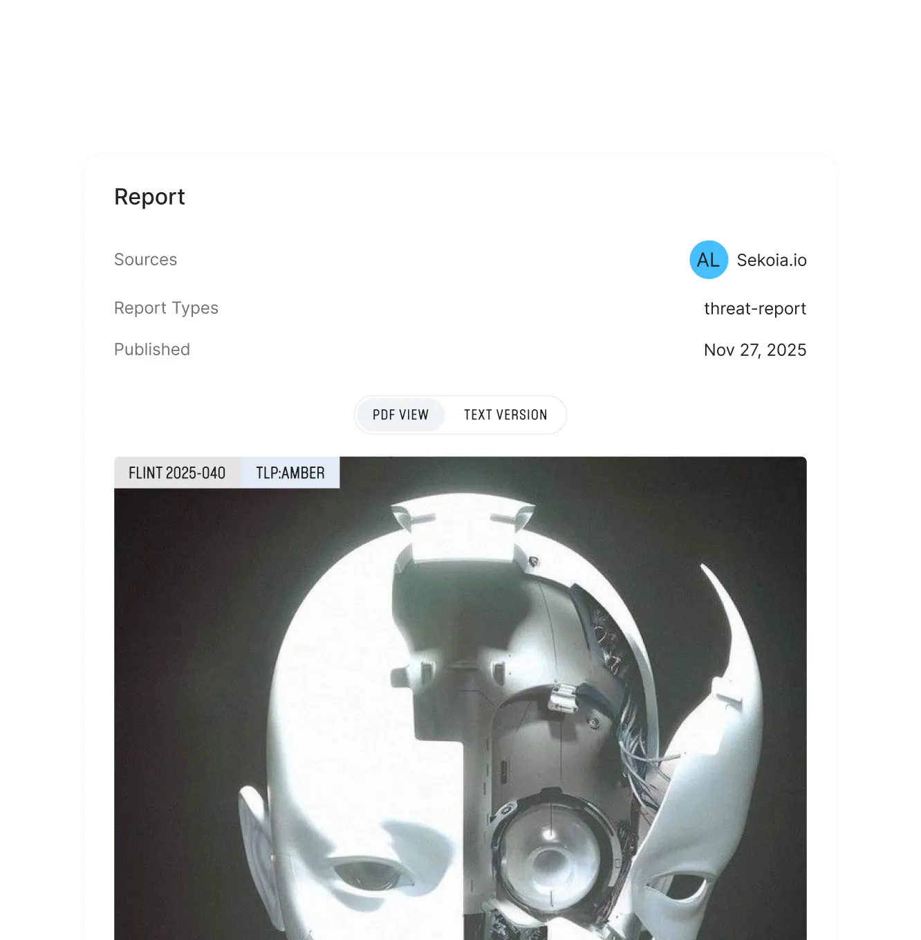 Sekoia platform – Threat report detail view showing a FLINT 2025-040 TLP:AMBER report with a robotic skull illustration