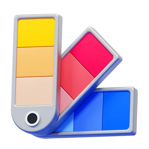 Swatch color palette fan showing shades of yellow, pink, and blue.