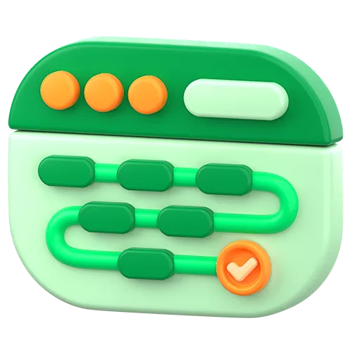 3D illustration of a green and white task management interface with progress circles and a checklist with a check mark.