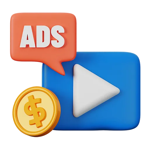 3D icons representing video ads with a blue play button, a red speech bubble labeled ADS, and a gold coin with a dollar sign.