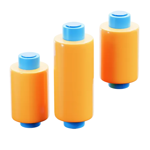 Three orange cylindrical water filter cartridges with blue end caps of varying sizes.