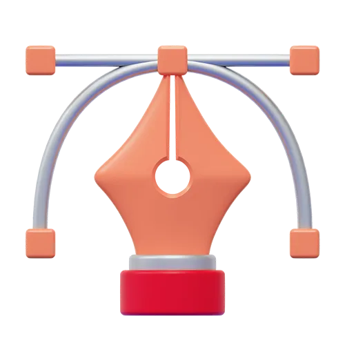 3D icon of a red-orange fountain pen nib with Bezier curve handles for vector graphic design.
