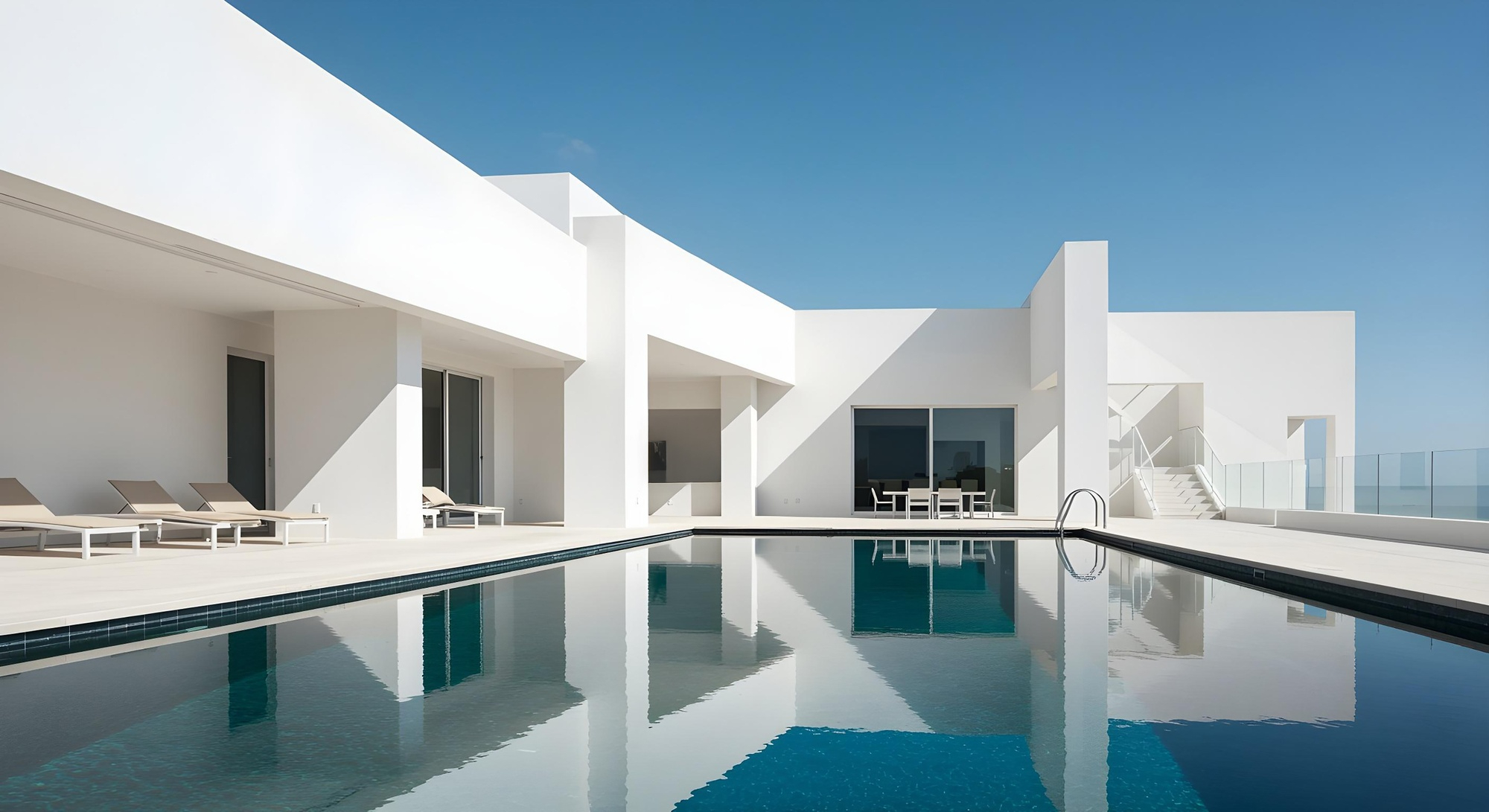 Modern white house with minimalist design featuring a large rectangular swimming pool, lounge chairs, and clear blue sky.