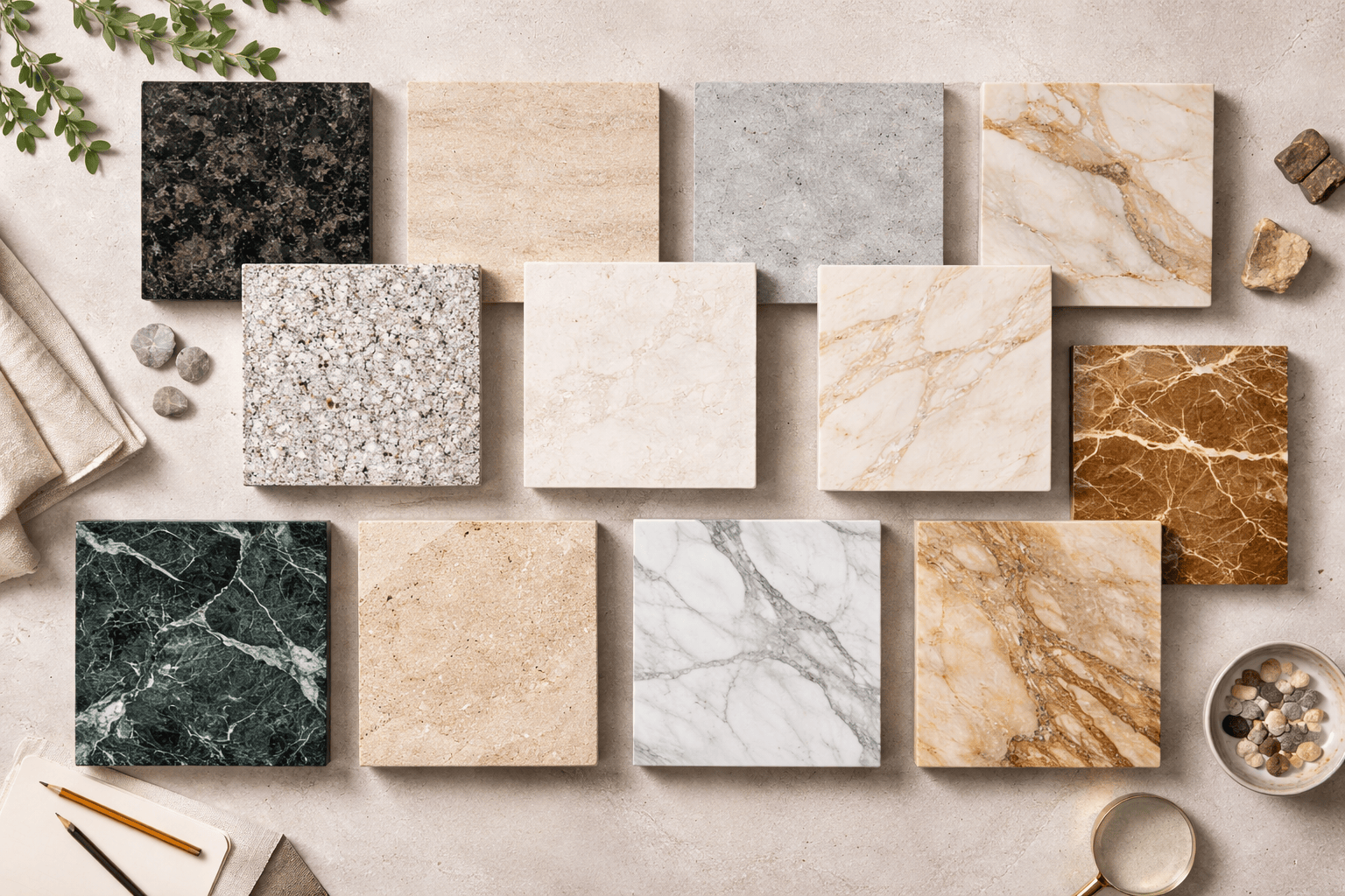 Twelve square marble and stone tiles in various colors and patterns arranged on a light surface with a magnifying glass, small pebbles, a notebook, and pencils around.