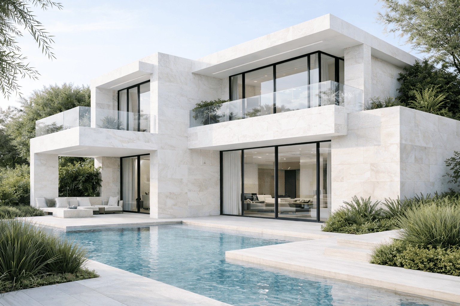 Modern two-story white marble house with large glass windows, balconies with glass railings, outdoor seating area, and a swimming pool surrounded by greenery.