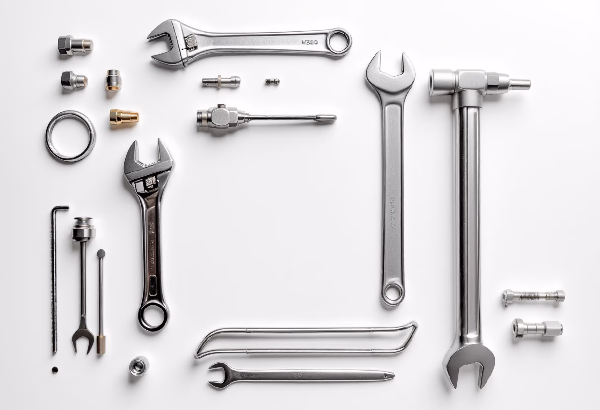 image of tools organized on a workbench for a plumbing service