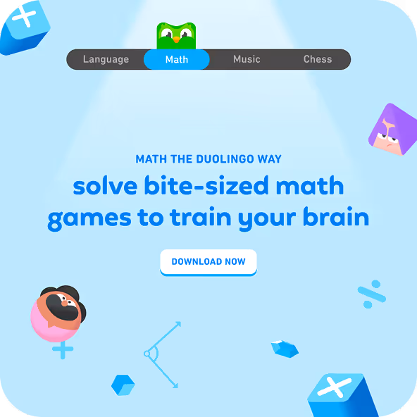 Duolingo app interface promoting math skill games with text 'solve bite-sized math games to train your brain' and a download button.