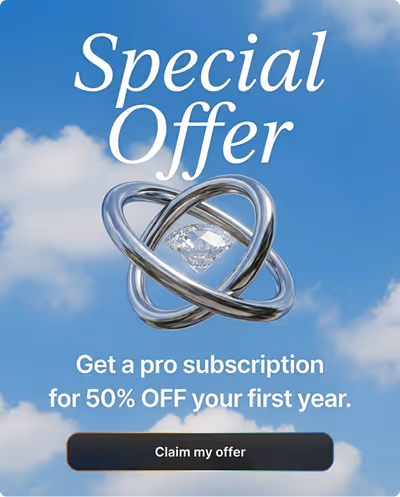Advertisement with text 'Special Offer' and 'Get a pro subscription for 50% OFF your first year' above a black button labeled 'Claim my offer' on a blue sky background with white clouds and a silver atom-like symbol with a diamond at the center.