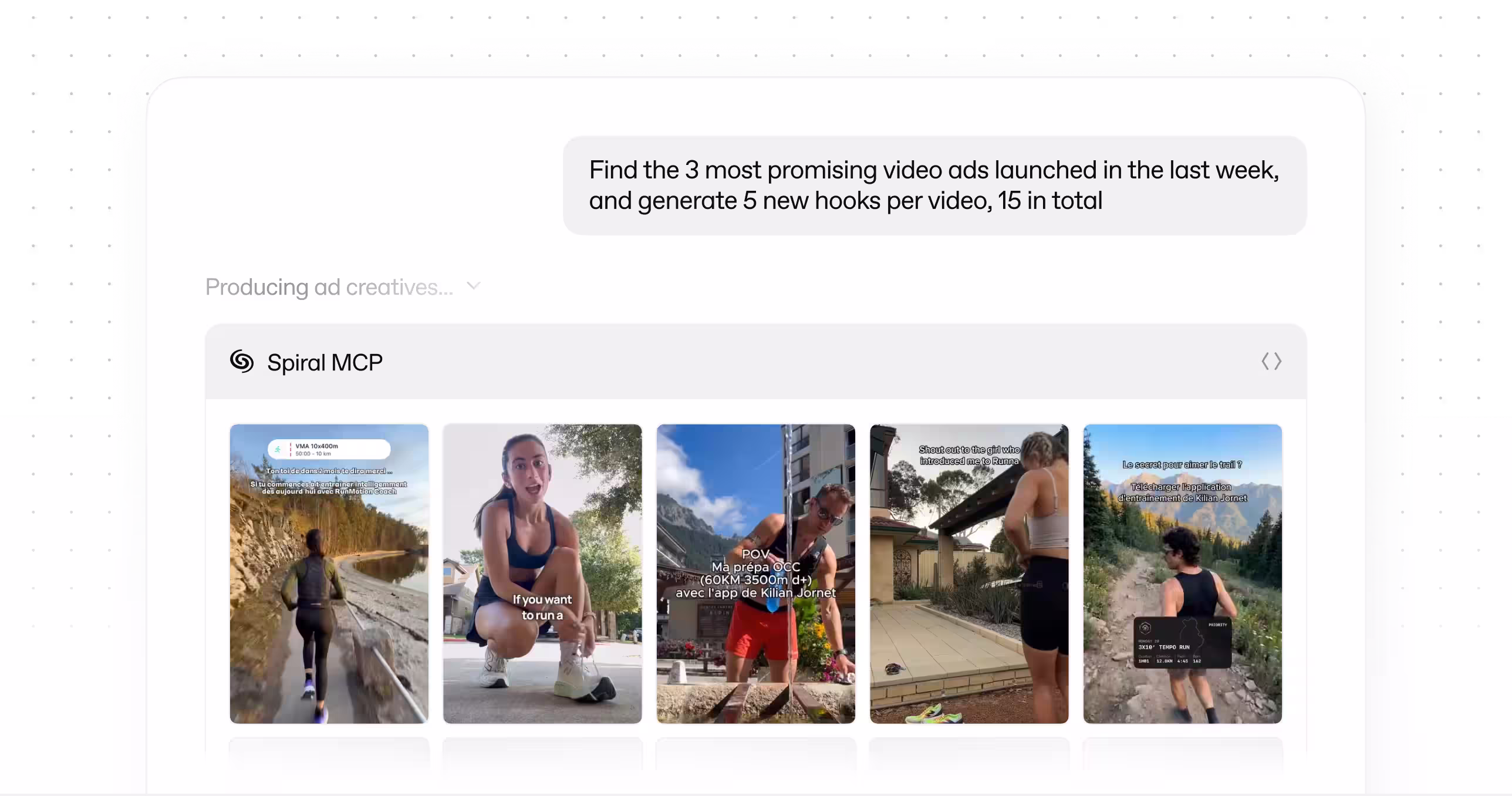 Spiral MCP generating 500 video ad creatives from a single prompt