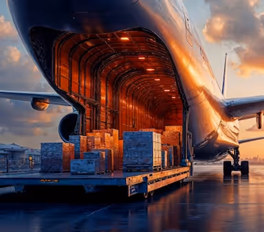 Cargo plane with its rear hatch open, showing pallets of goods being loaded at sunset.