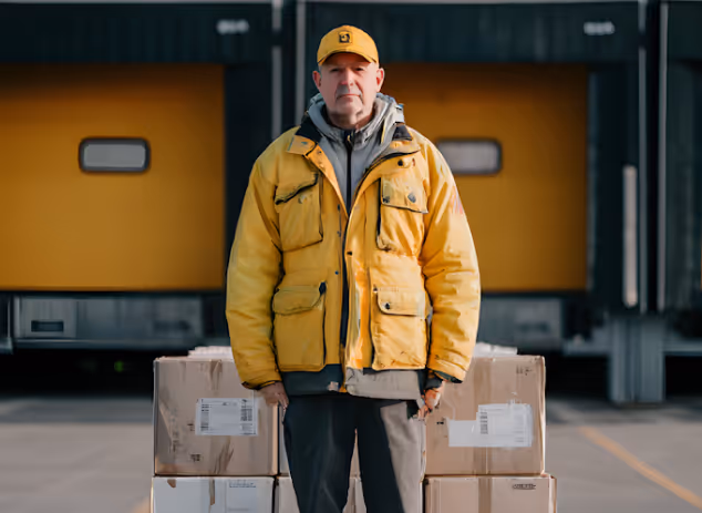 Delivery worker in yellow jacket and cap standing in front of stacked cardboard boxes at a loading dock.