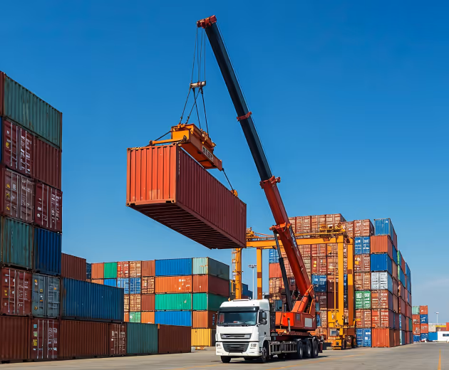 Red crane mounted on a white truck lifting a red shipping container at a busy container port with stacked multicolored containers under a clear blue sky.