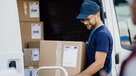 Smiling delivery worker wearing a cap and glasses unloading cardboard boxes from a van.