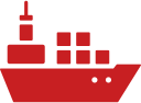 Red cargo ship icon with containers stacked on deck.
