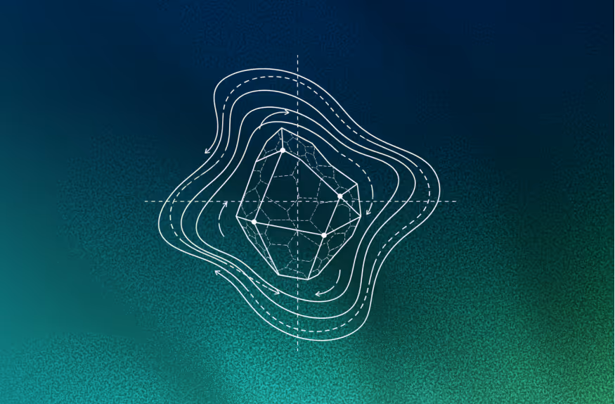 Abstract geometric shape of a lime stone with white contour lines and arrows on a gradient teal background.