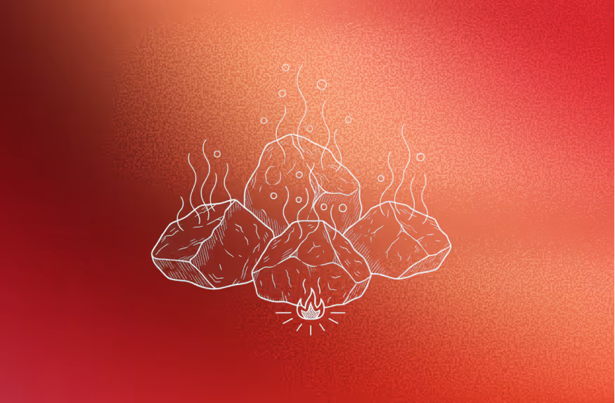 Illustration of four hot lime stones emitting steam above a small flame on a reddish background.