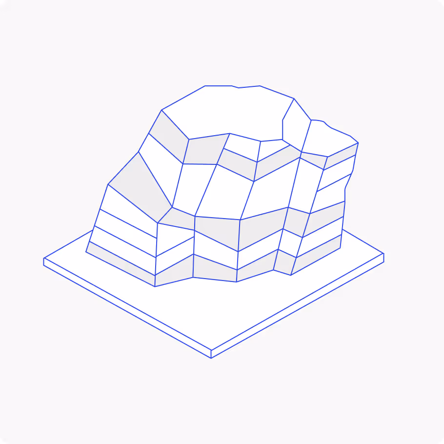 Isometric line drawing of a multi-faceted lime rock on a rectangular base.