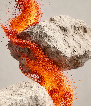 Fiery lava flowing between large gray lime rocks.