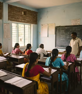 Classroom with students sitting at desks facing a teacher who is standing near a chalkboard with math problems.