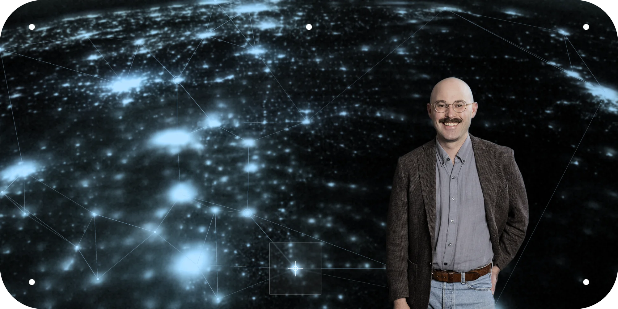 Justin Noggle, Senior Software Engineer at Torch.AI, over a night view of city lights from orbit with a network graph overlay. Background: NASA photo, ISS Expedition 70 (iss070e062746)