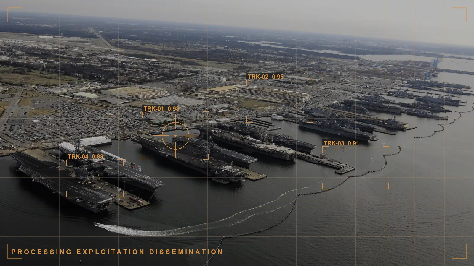 Overhead ISR view, automated detection overlay (illustrative)