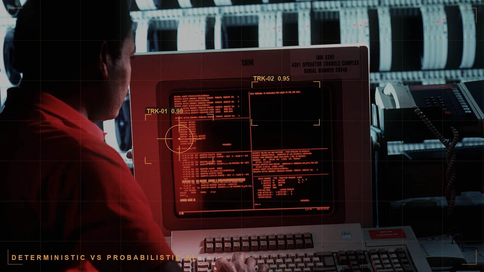 A computing facility with an overlay, illustrating deterministic vs probabilistic AI (illustrative)