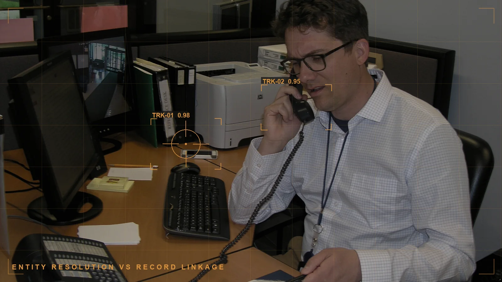 An archives records room with an overlay, illustrating entity resolution vs record linkage (illustrative)