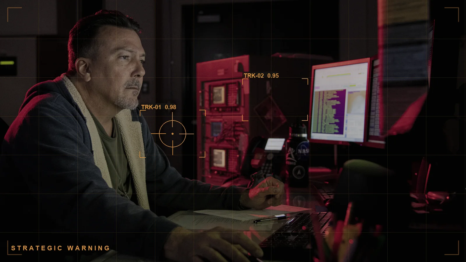 Strategic warning analysis on a watch floor, with a Torch.AI overlay (illustrative)