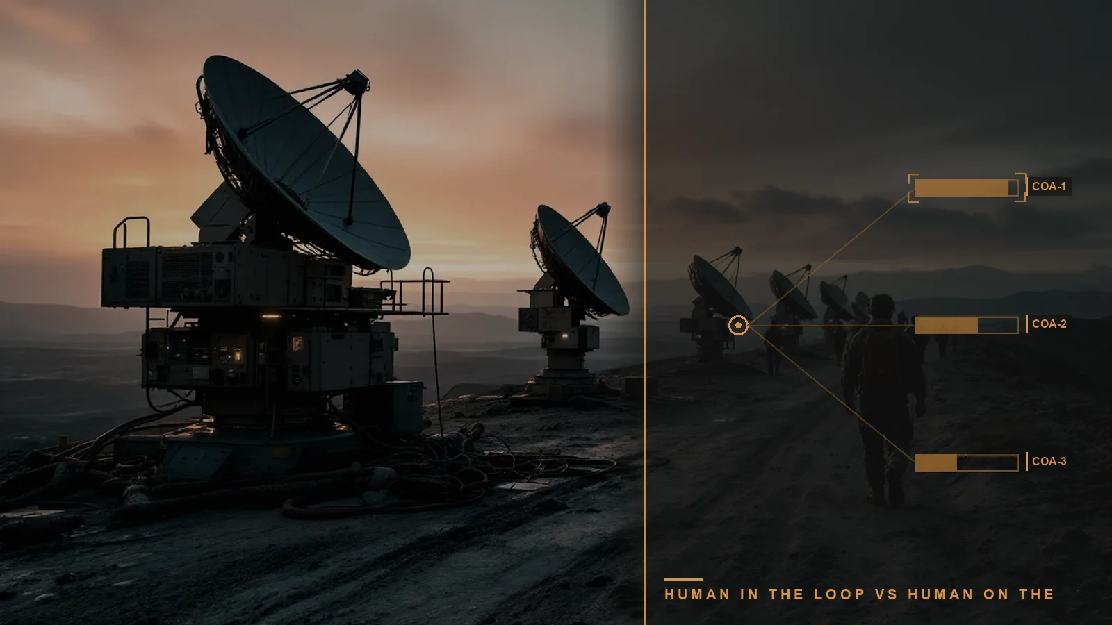 An air operations center with an overlay, illustrating human-in-the-loop vs human-on-the-loop AI (illustrative)
