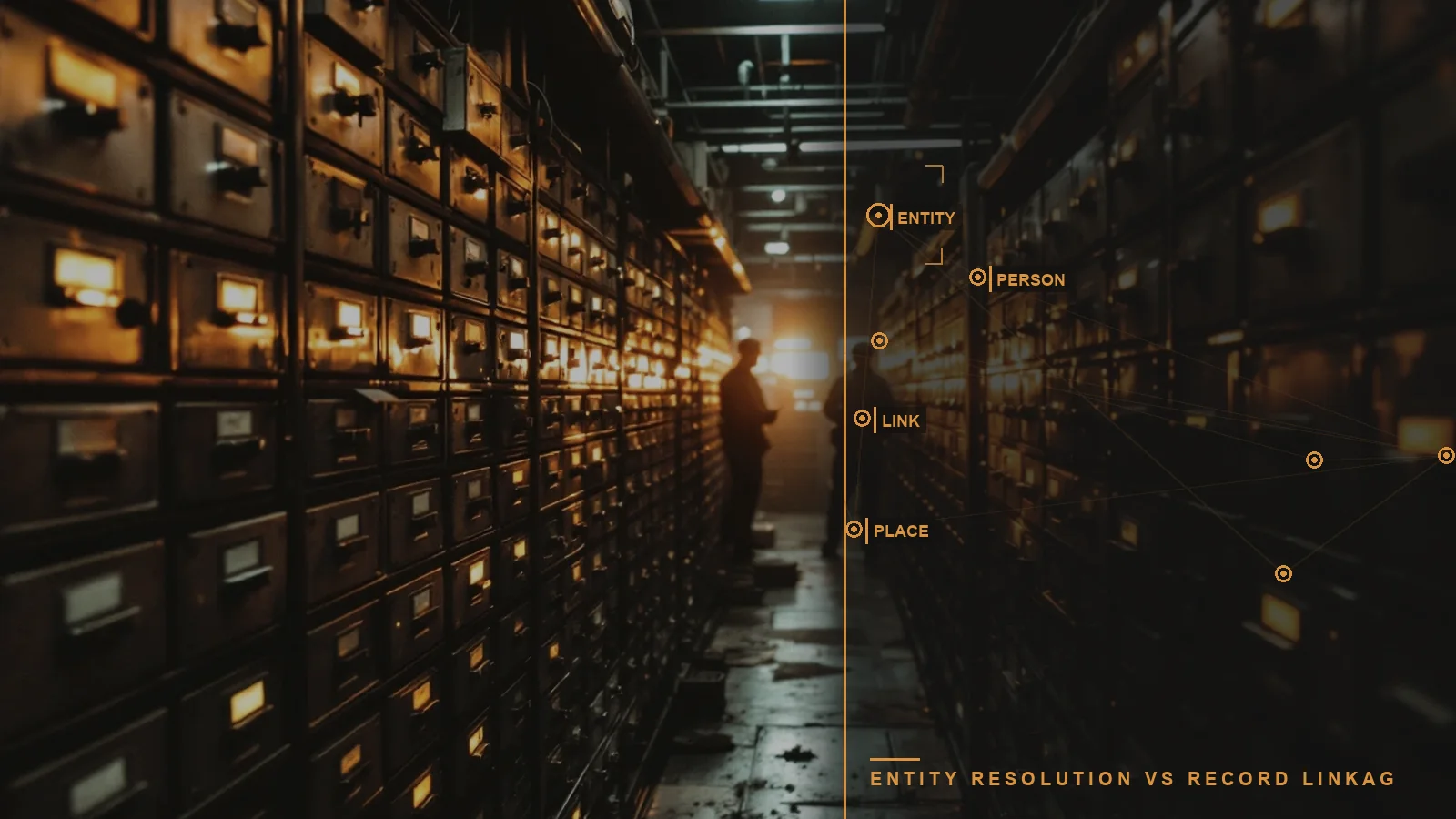 An archives records room with an overlay, illustrating entity resolution vs record linkage (illustrative)