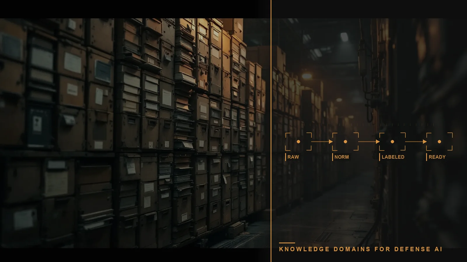 An archive of records, illustrating knowledge domains for defense AI (illustrative)