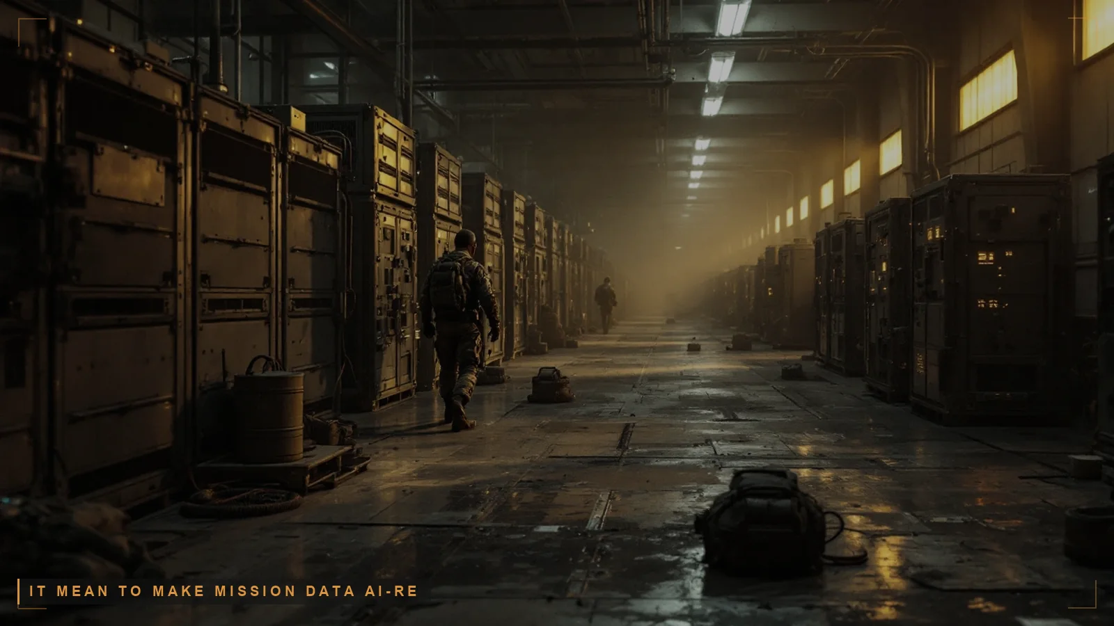 A logistics warehouse with an overlay, illustrating AI-ready data for defense (illustrative)