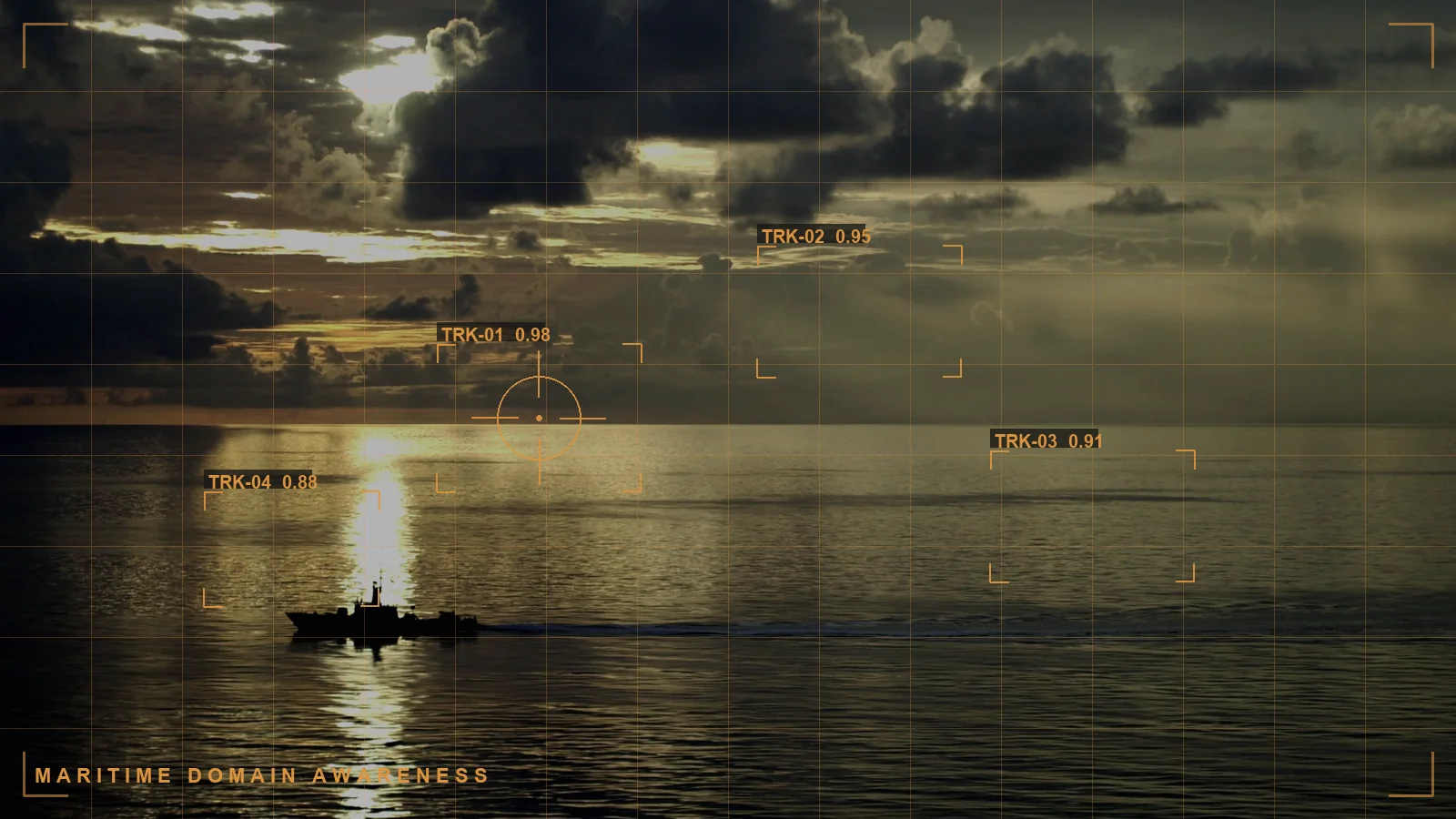 A naval vessel at sea with a tracking overlay, illustrating maritime domain awareness (illustrative)