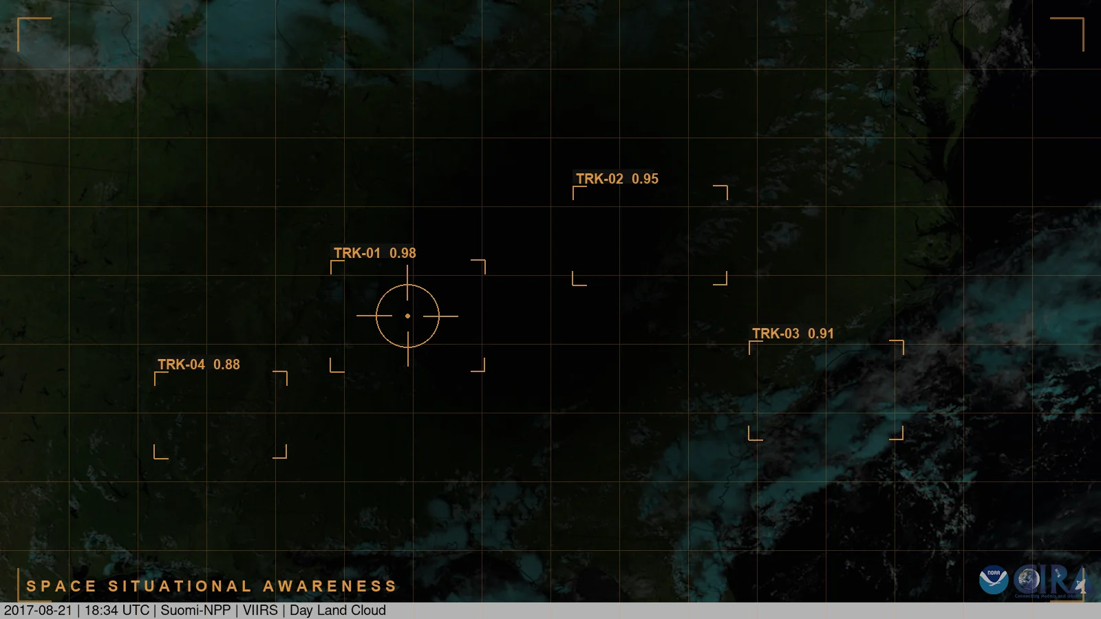 A space operations scene with a tracking overlay, illustrating space situational awareness (illustrative)