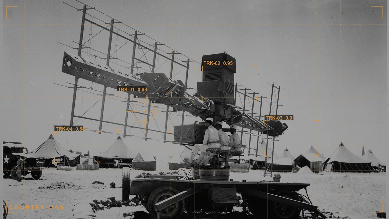 A sensor array with a tracking overlay, illustrating counter-UAS detection and fusion (illustrative)