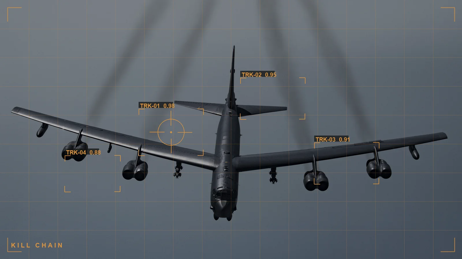 Military aircraft with a targeting overlay, illustrating the kill chain F2T2EA (illustrative)