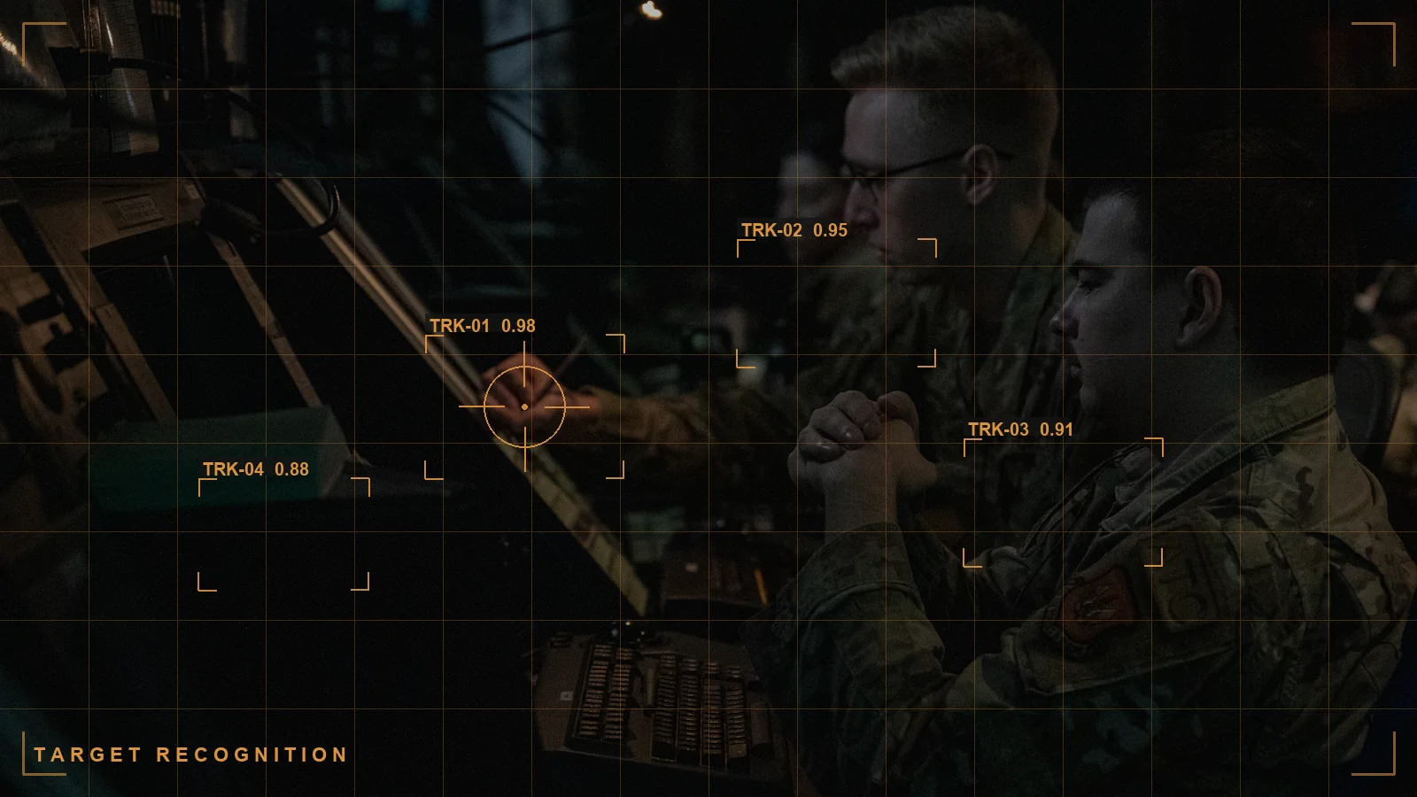 A radar display with a detection overlay, illustrating automatic target recognition ATR (illustrative)