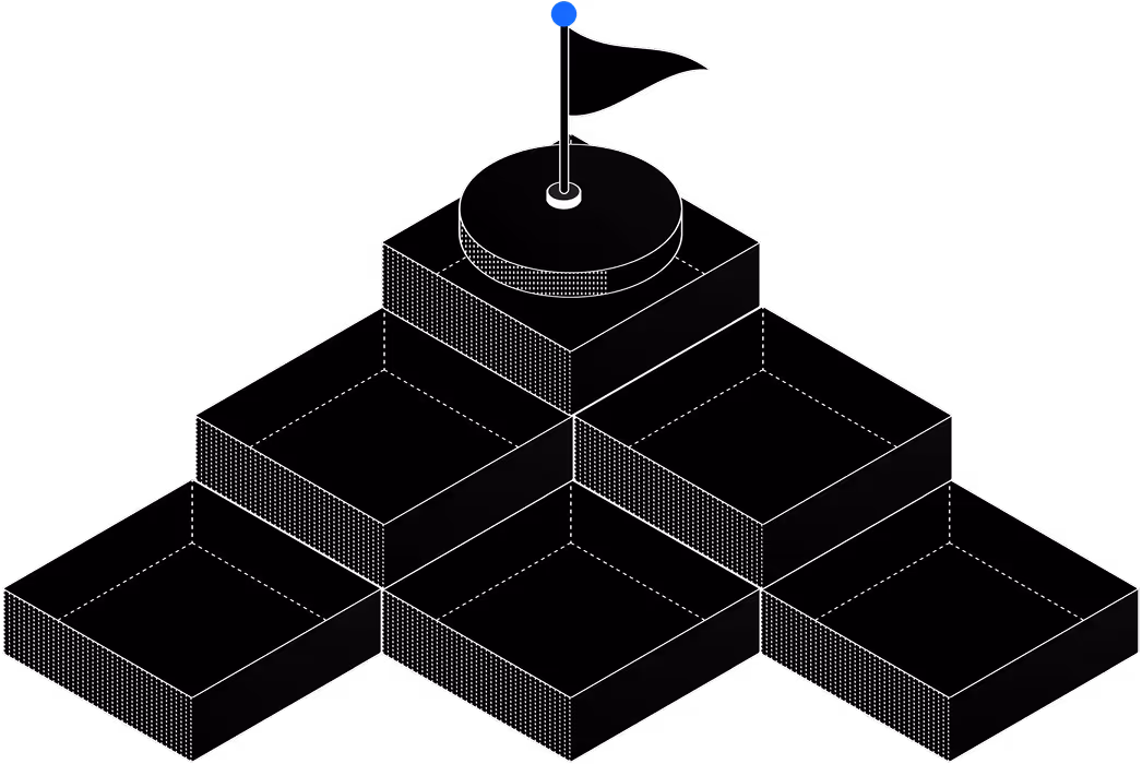 Isometric illustration of a stepped pyramid with a flag on top.
