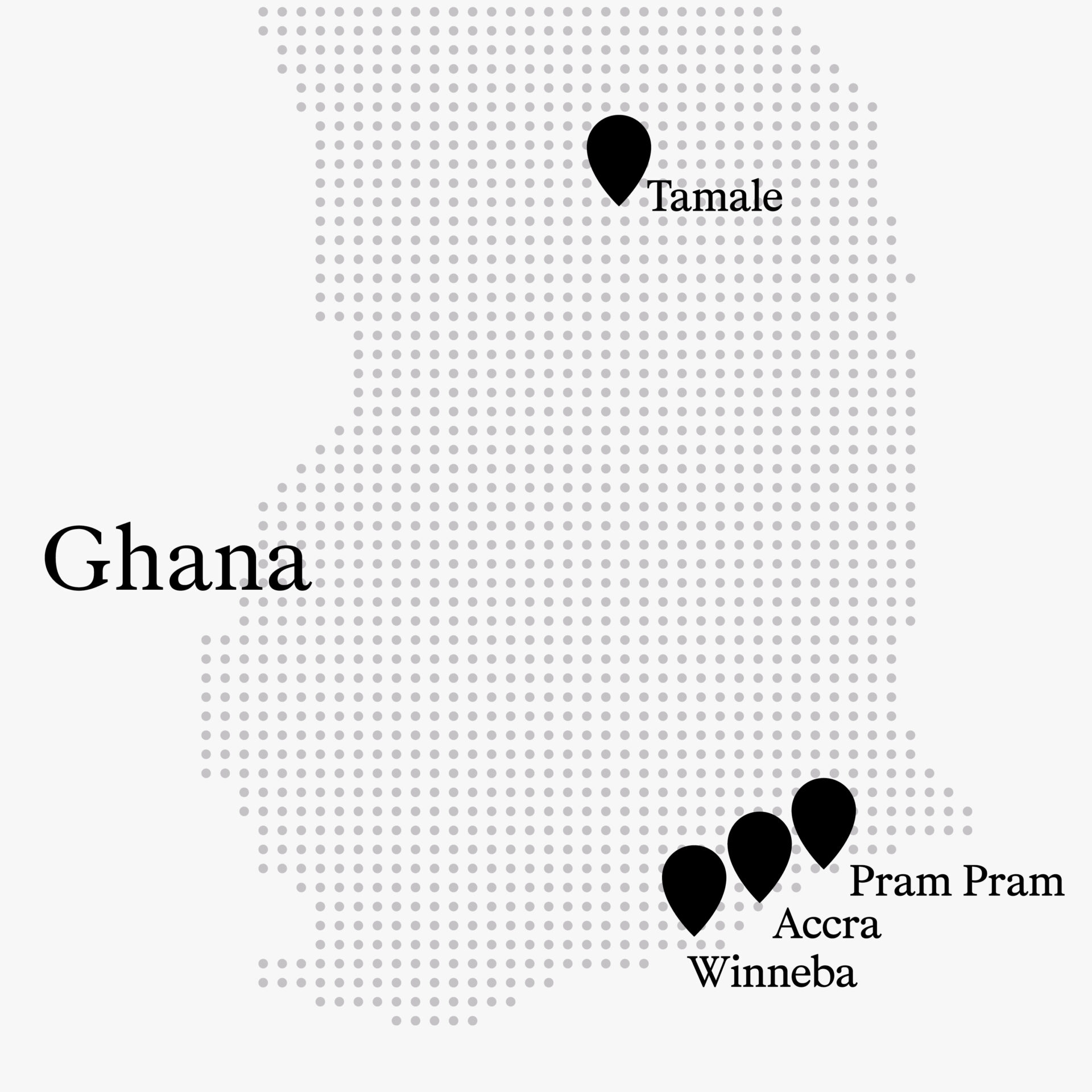 Map of Ghana with architecture projects marked on it
