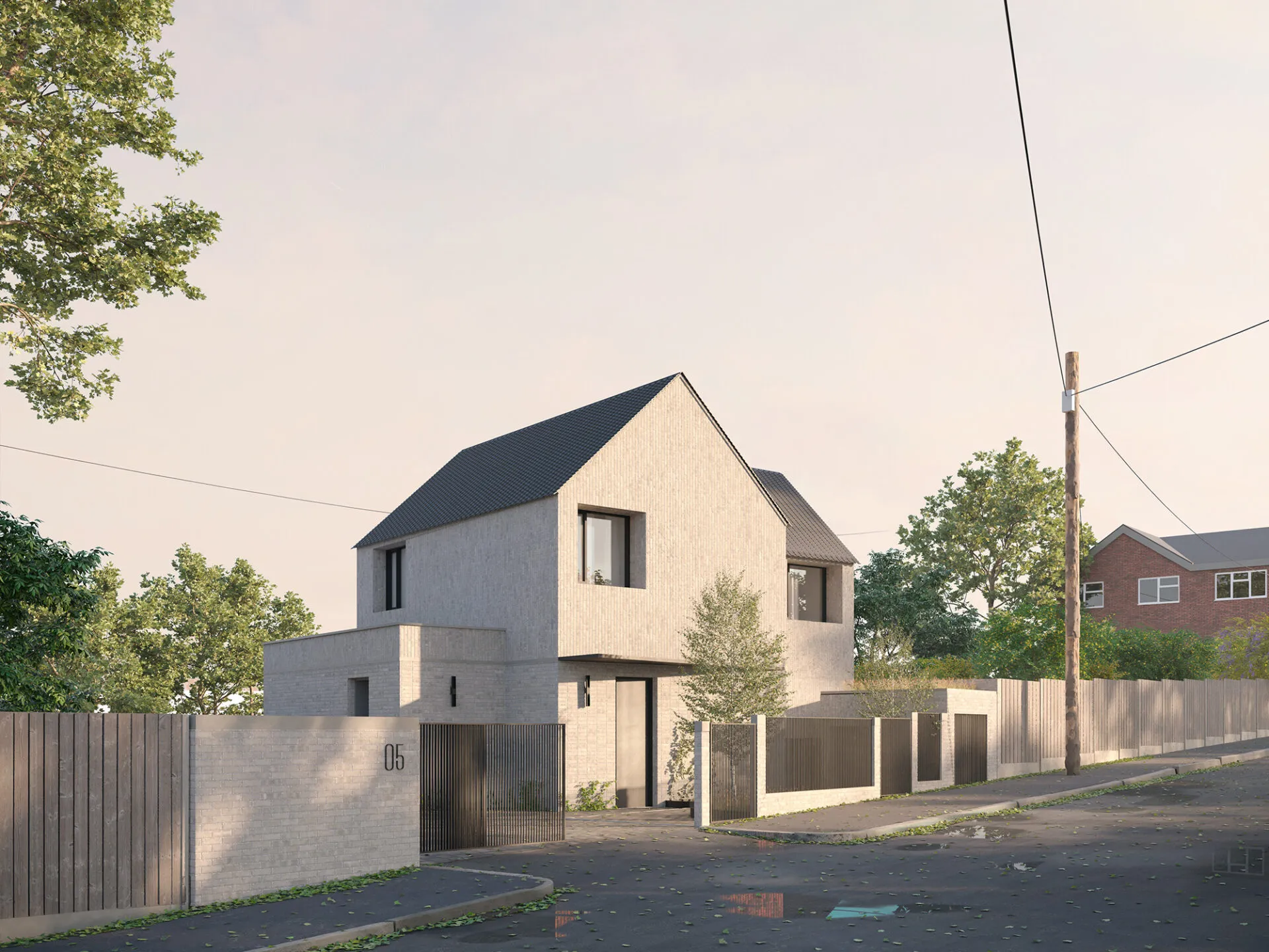 DESIGNED FOR LIVING | Wider street-facing view of Albany House highlighting secure access, landscaped areas, and practical storage solutions.